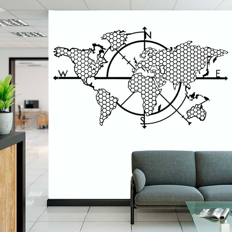 Office Furniture World - Honeycomb Geometric World Map Compass Vinyl